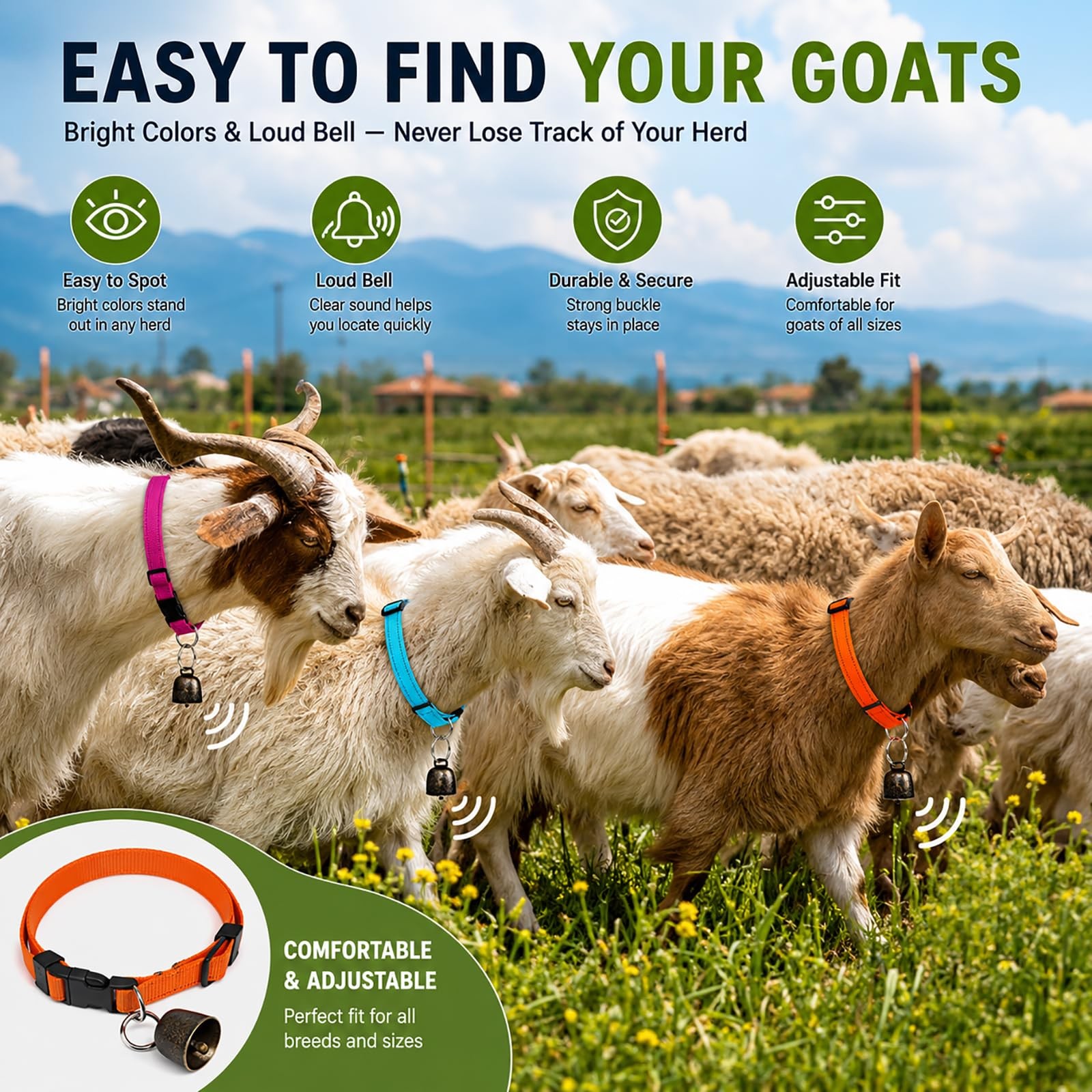 10 Pack Reflective Goat Collar with Crisp Bells,Adjustable Nylon Sheep Collar…