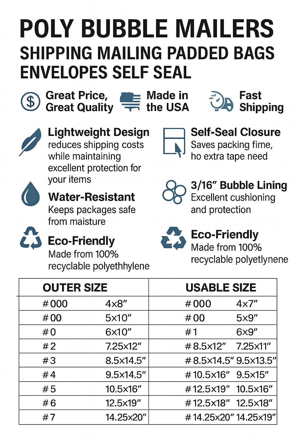 1-500 #7 14.25×19 Poly Mailers Lightweight Self Sealing Shipping Envelope bags