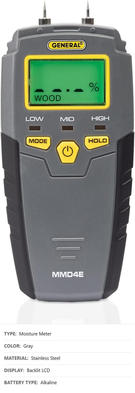 Digital Moisture Meter, MMD4E, Pin Type, Backlit LCD, Gray, Water Leak Detector