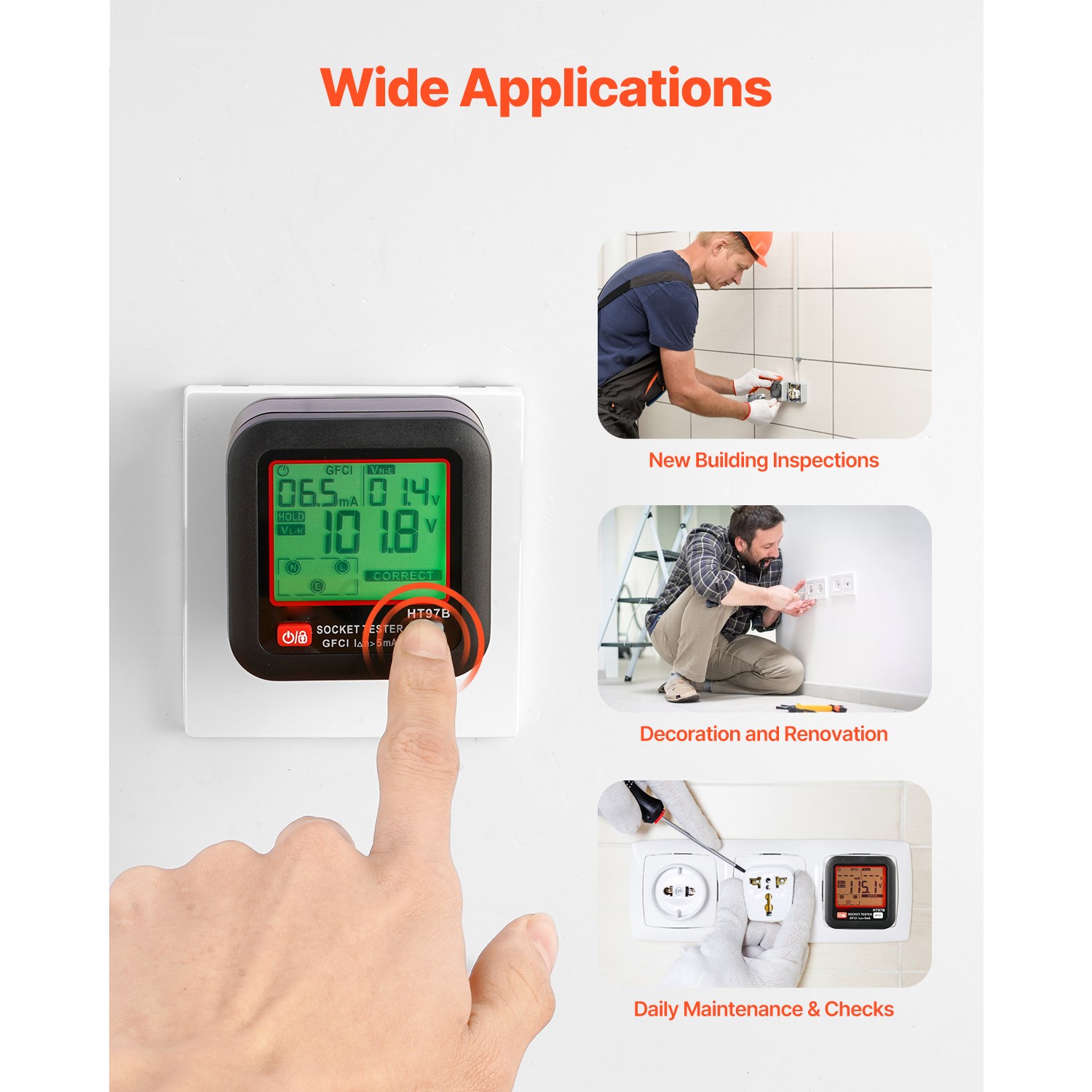 Outlet Tester Electrical GFCI Trip Tester LCD Display Receptacle Detector
