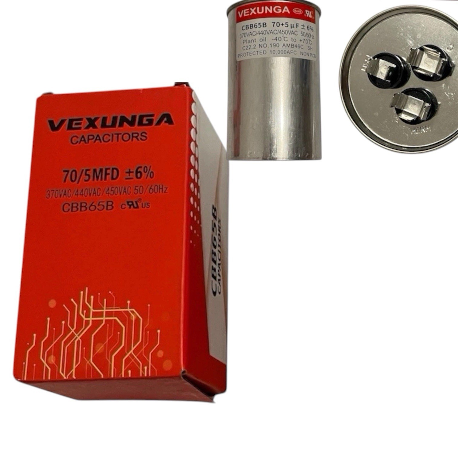 Vexunga Capacitor 70/5 MFD +/- 6% 370V/440/450VAC Dual Run AC Capacitor CBB65B