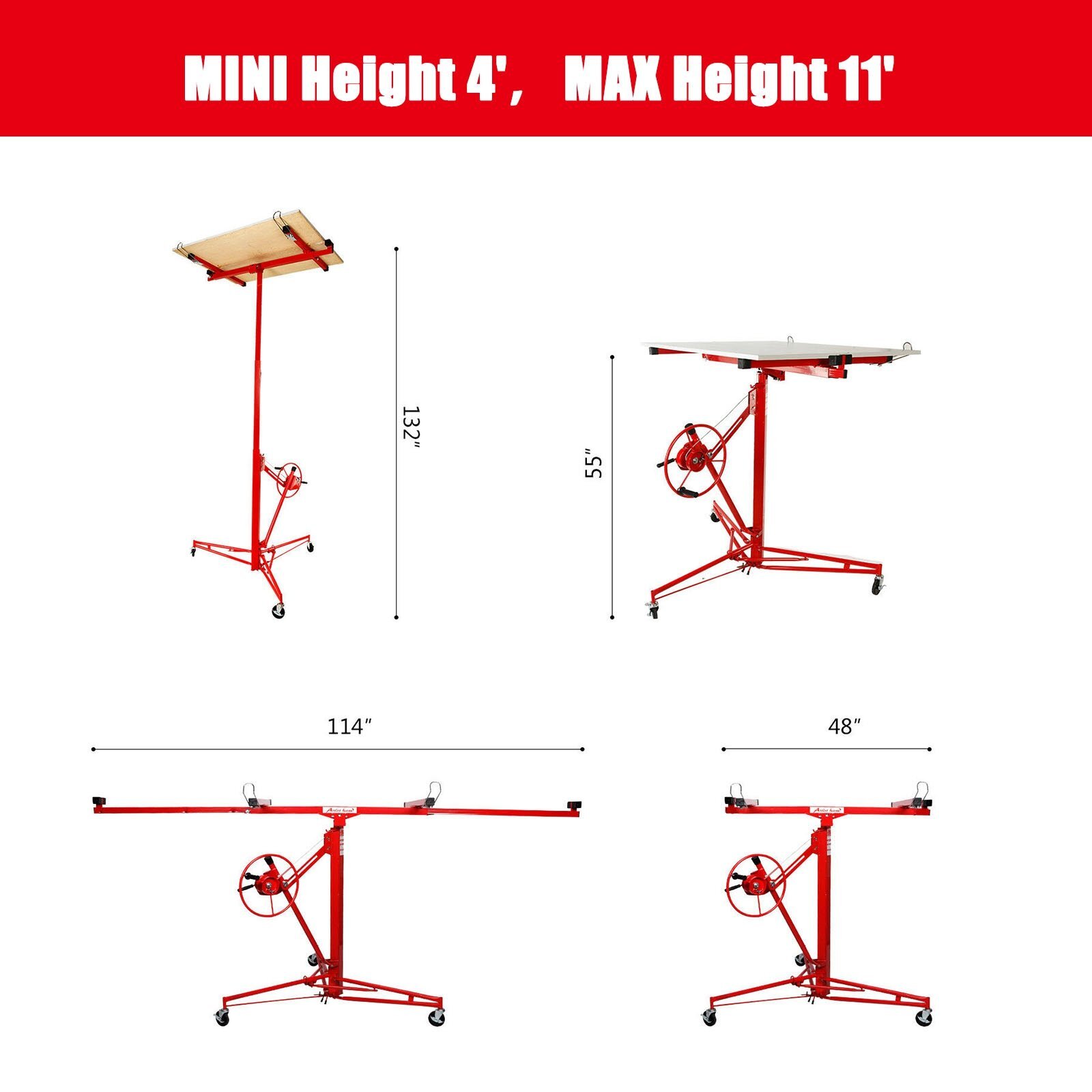 11FT Drywall Lifter Panel Hoist Jack Rolling Caster Construction Lockable 150lbs
