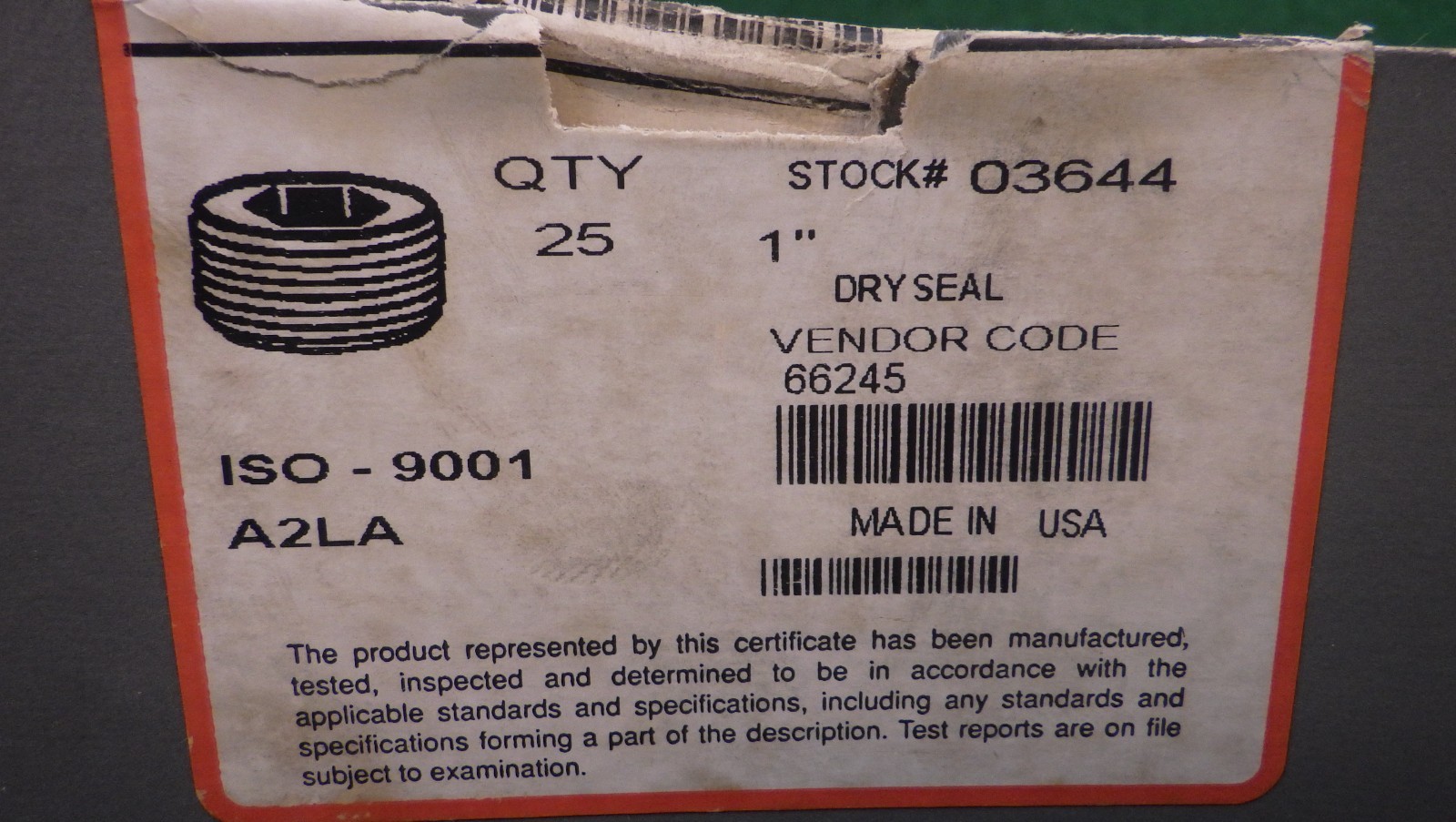 Box of (25) 1″ 3/4 Taper Dryseal Socket Plug Unbrako 03644