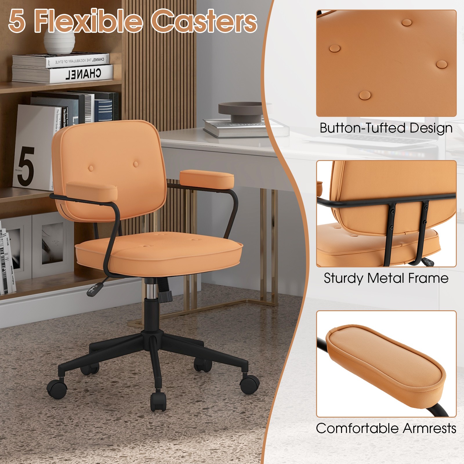 Costway PU Leather Office Chair Adjustable Swivel Leisure Desk Chair w/ Armrest