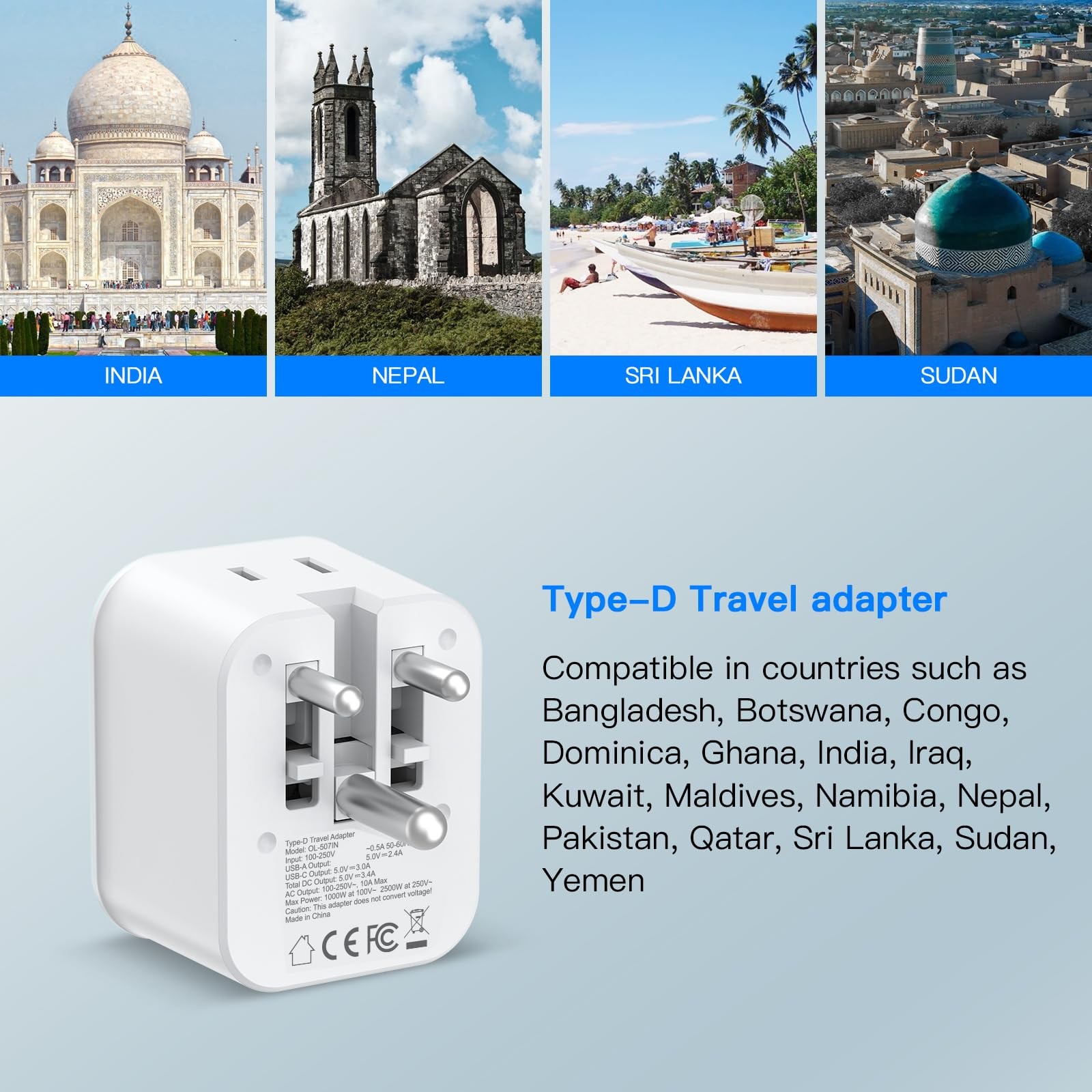 US to India Travel Plug Adapter, Foldable India Power Adapter with 4 USB(2 US