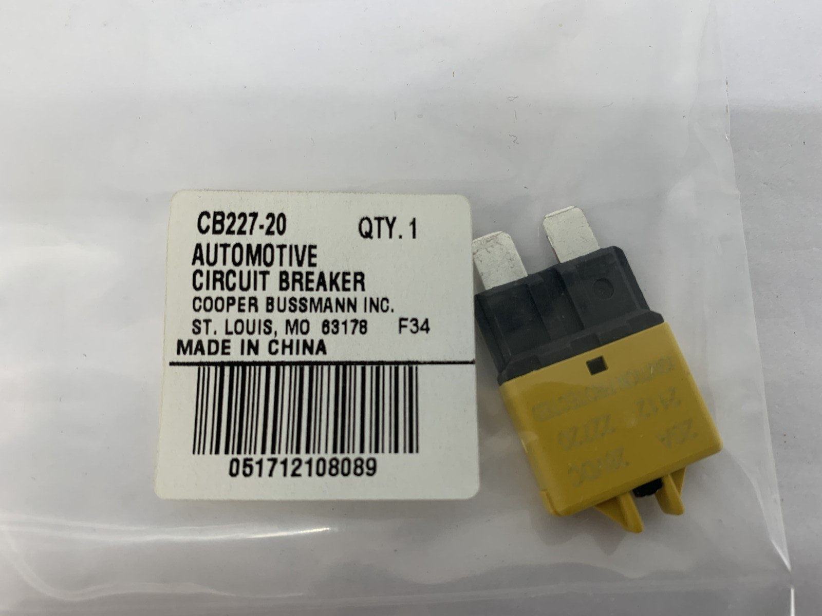 Bussmann CB227-20 Automotive Circuit Breaker Plug In Mounting 20A 28VDC Qty. 1