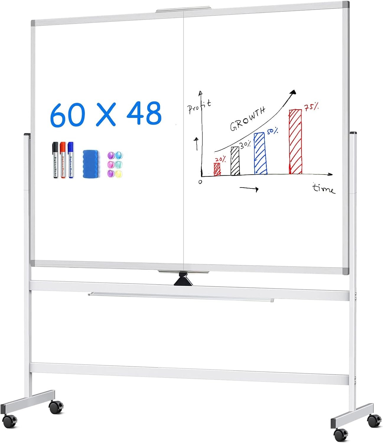 60″ x 48″ Large Double-Sided Magnetic Mobile Whiteboard Rolling Dry Erase Board
