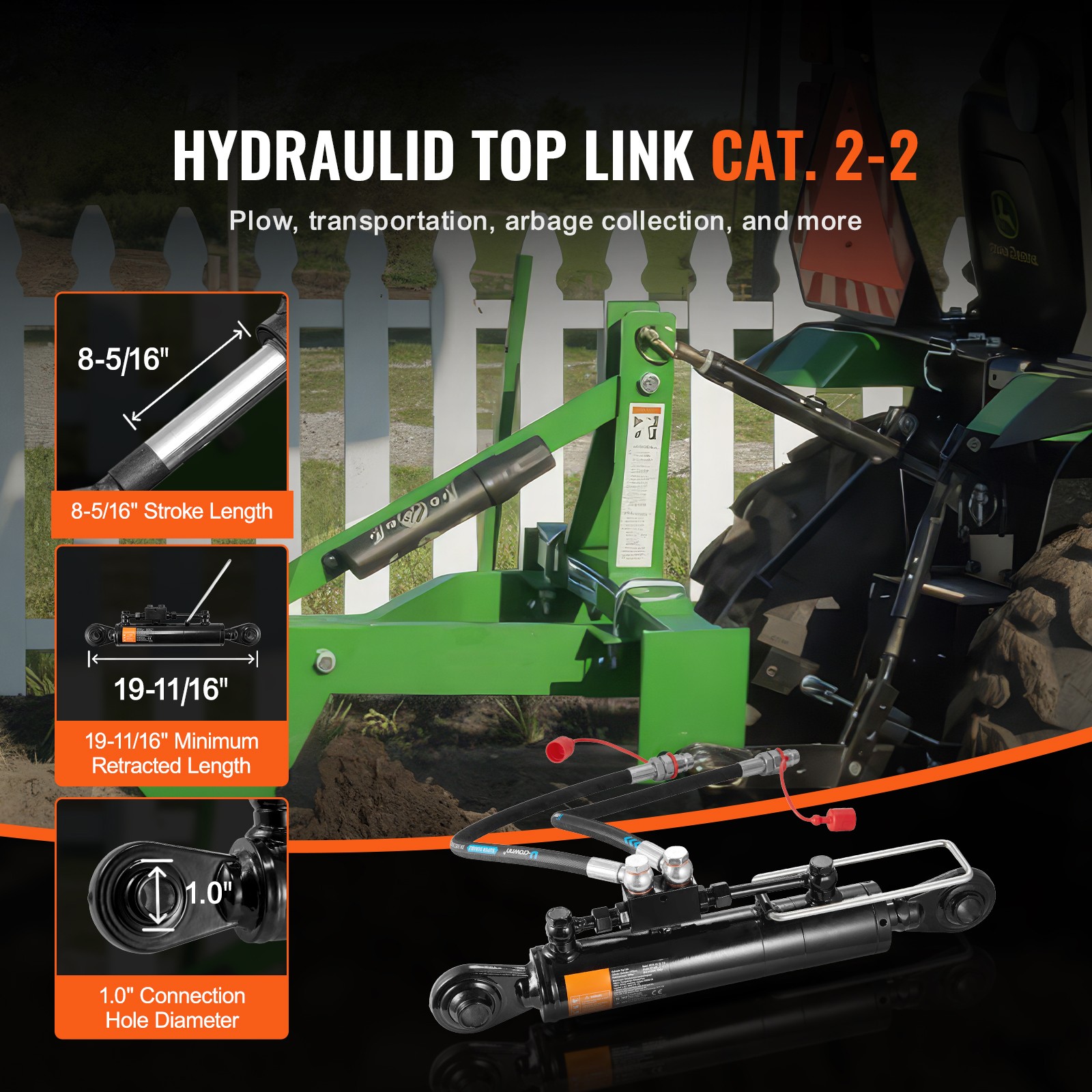 Uimoso Hydraulic Top Link Cat.1-1 / Cat.2-2 18 1/8″ – 31 7/8″ with 2x Hoses