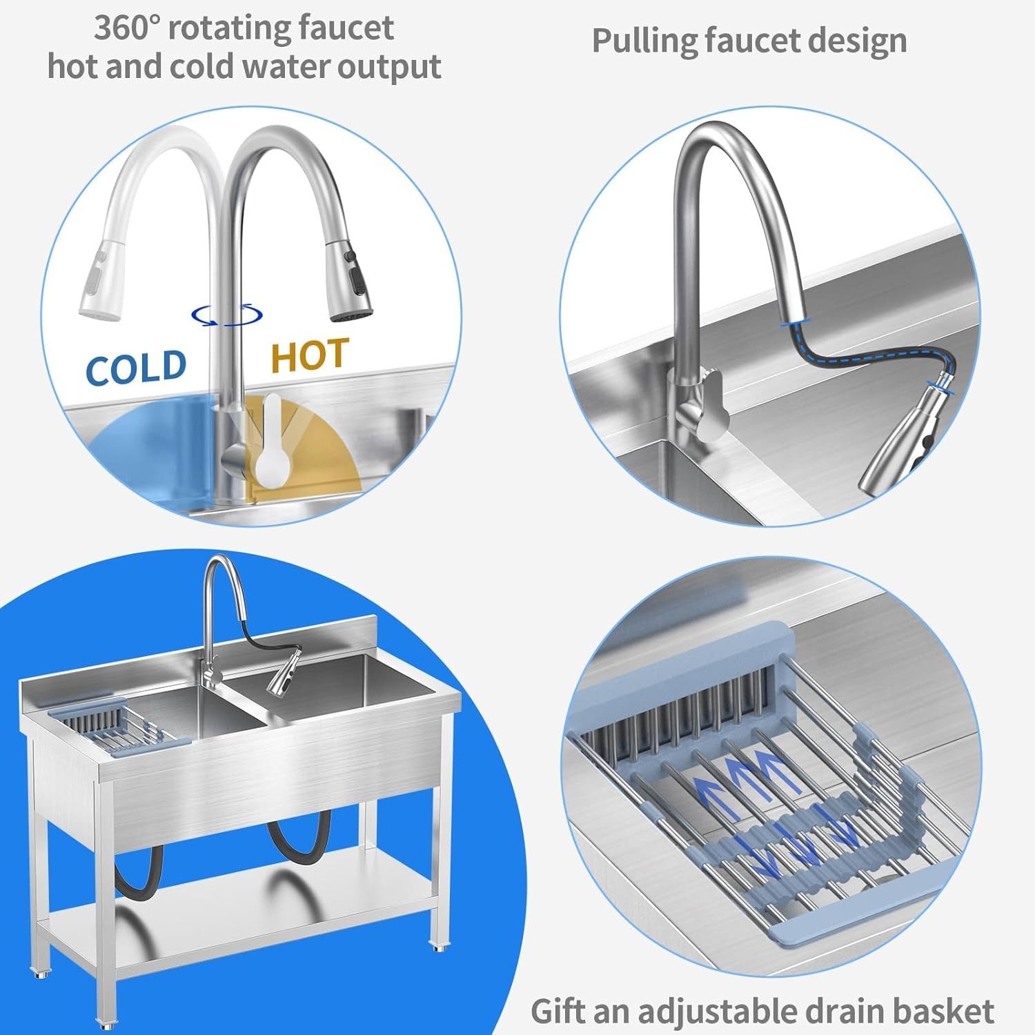 47Inch Utility Double Bowl Kitchen Sink for Restaurant Outdoor Stainless Steel
