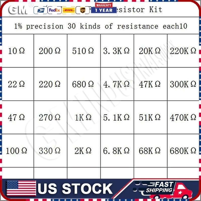 600pcs 30 Values 1/4W Metal Film Resistors Resistance Assortment Kit Set 1% USA