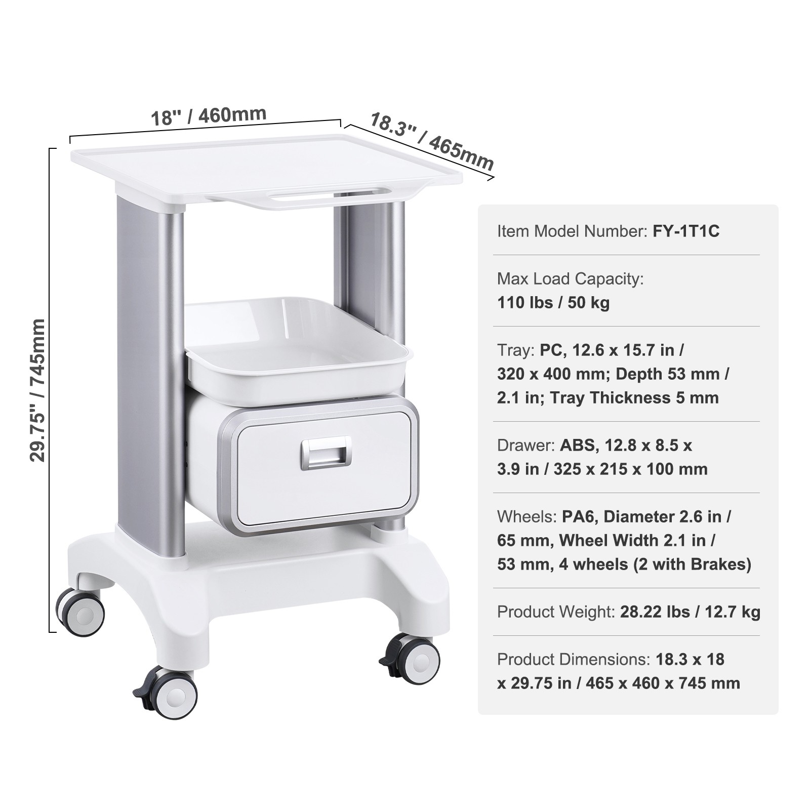 VEVOR 2 Tiers Lab Carts Mobile Medical Cart with 1 Drawer & 1 Top Tray White