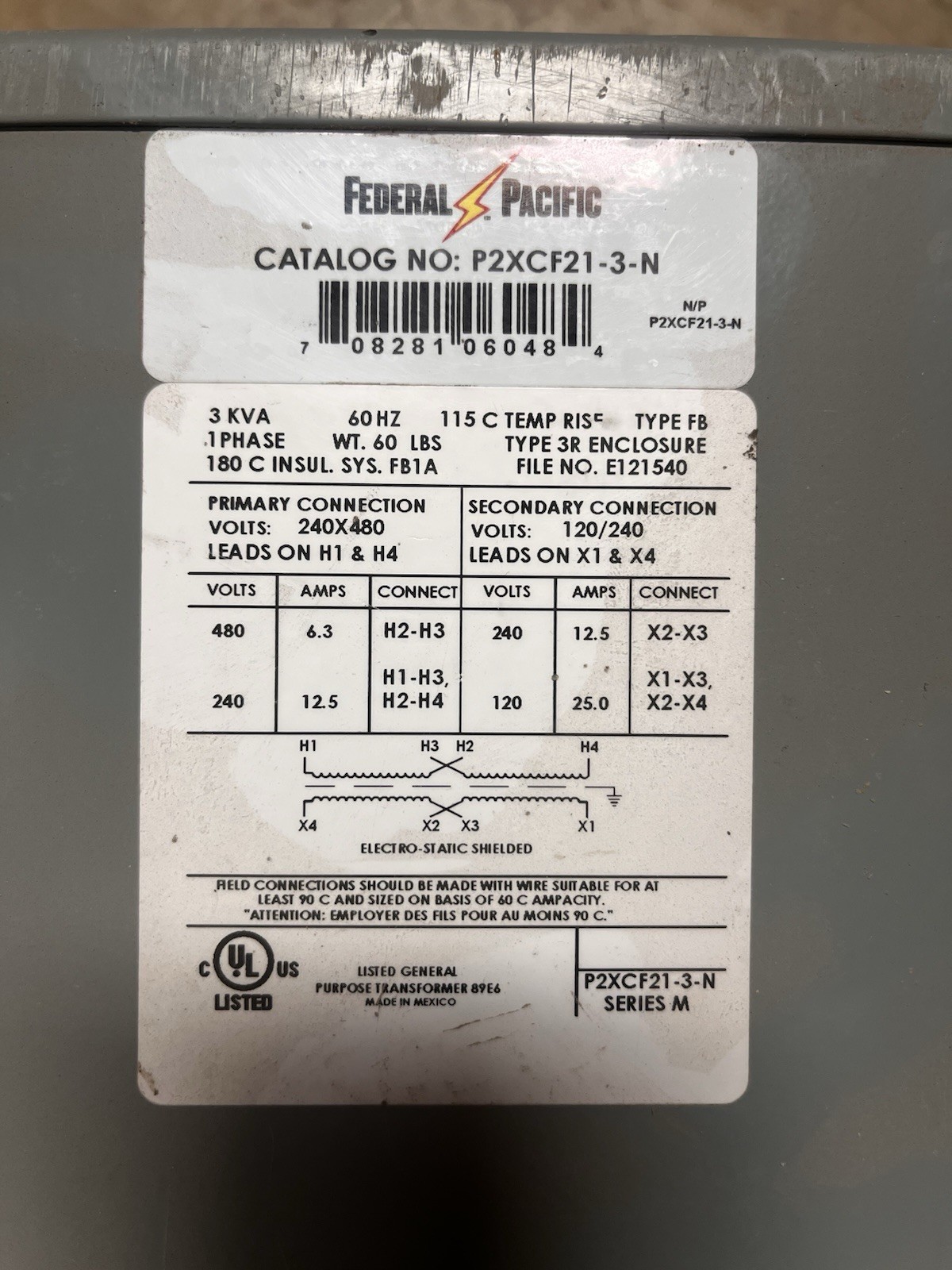 Federal Pacific General Purpose Transformer P2XCF21-3-N 3kVA 1PH 60Hz