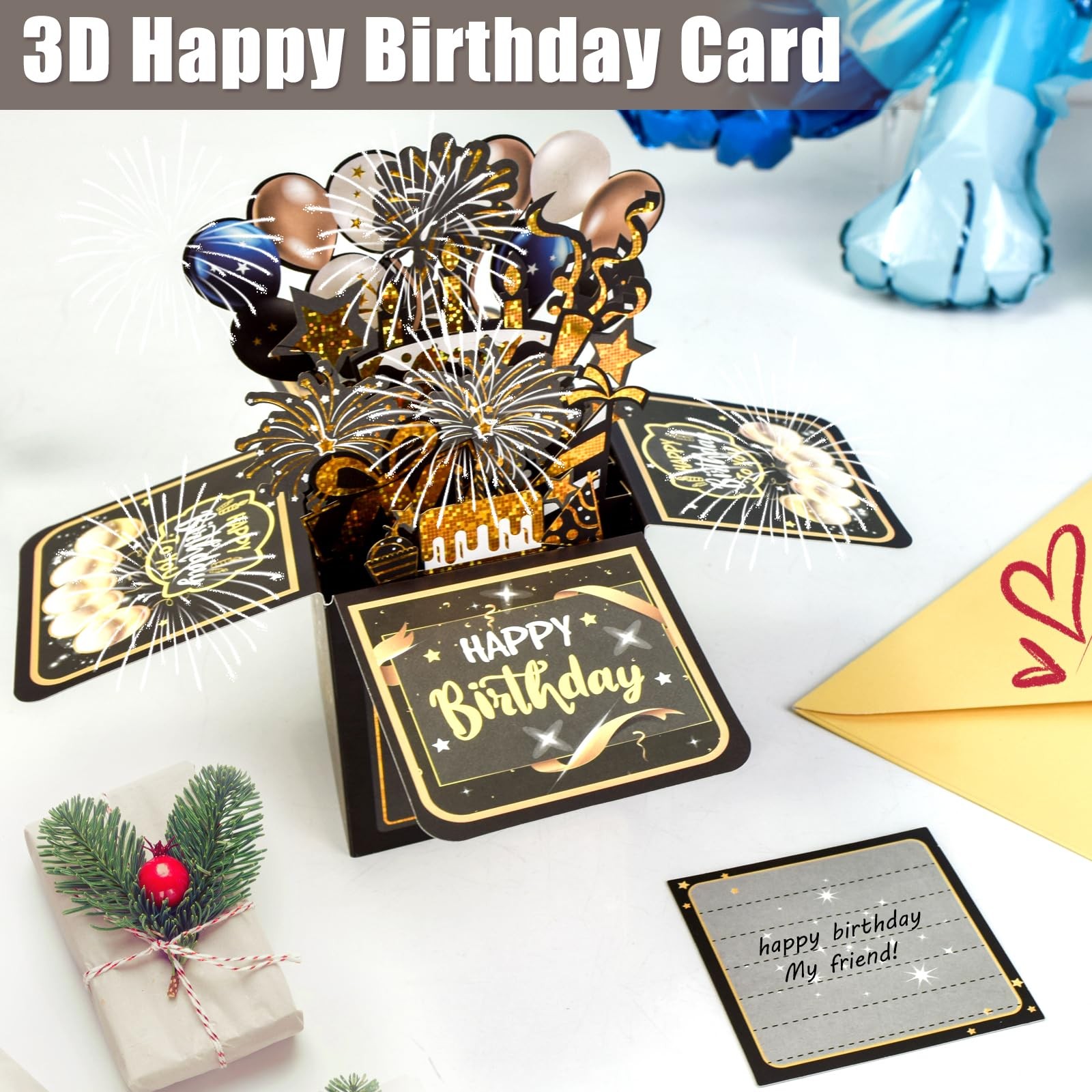 Surprise Pop Up 6.9in x 7.1in (folded), 7.2in (open), Birthday Cards-Black
