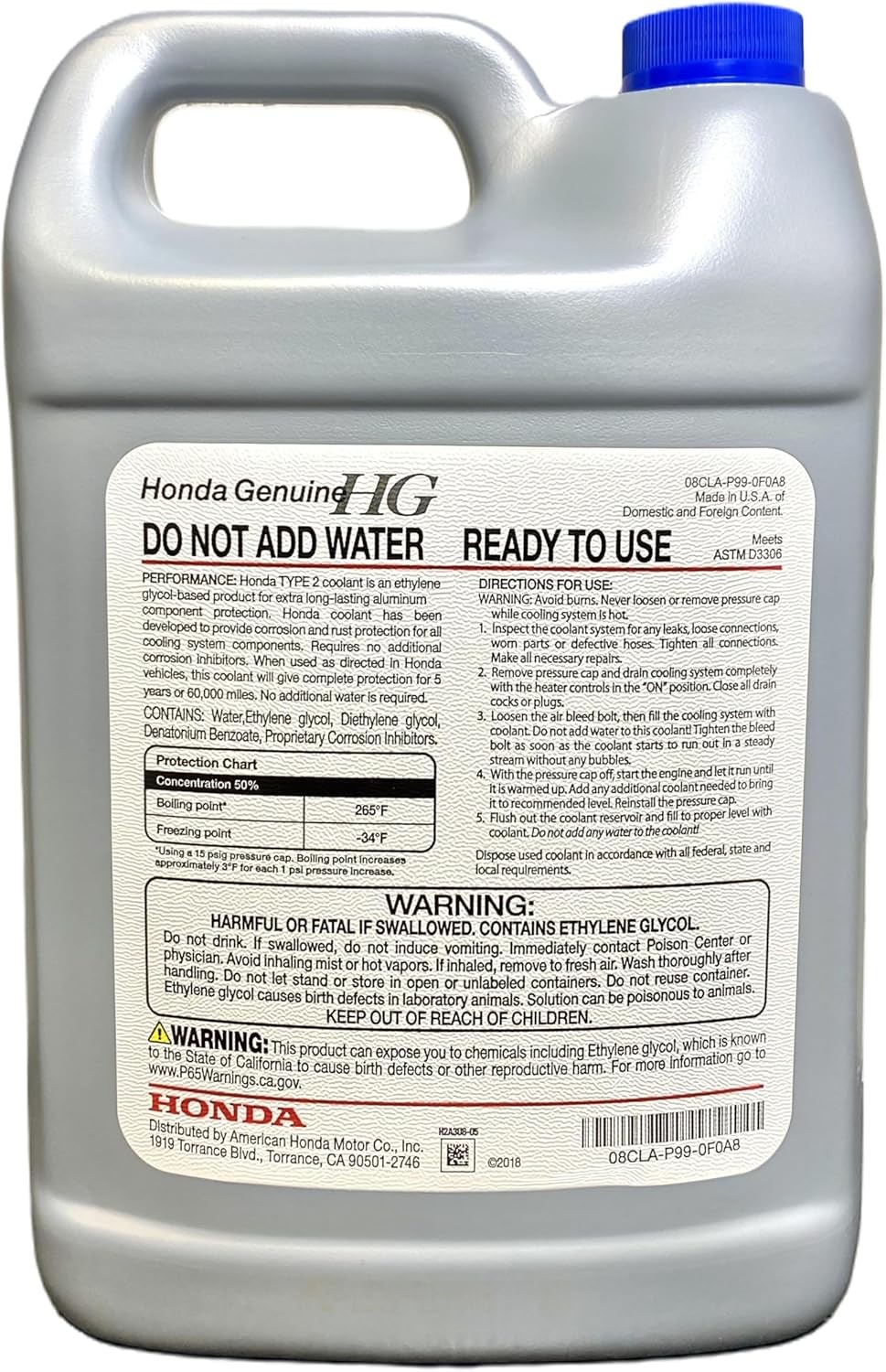 Honda Genuine Extended Life Antifreeze/Coolant Type 2, 50/50 Pre-Diluted, 1 Gall