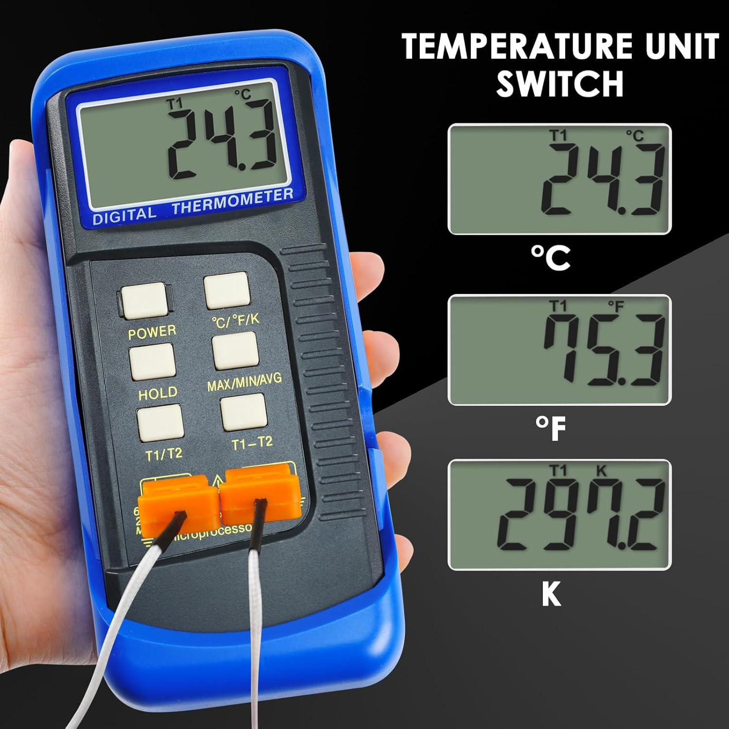 Digital K Type HVAC Thermometer with 4 Thermocouples, MAX/MIN/AVG Temperature Me