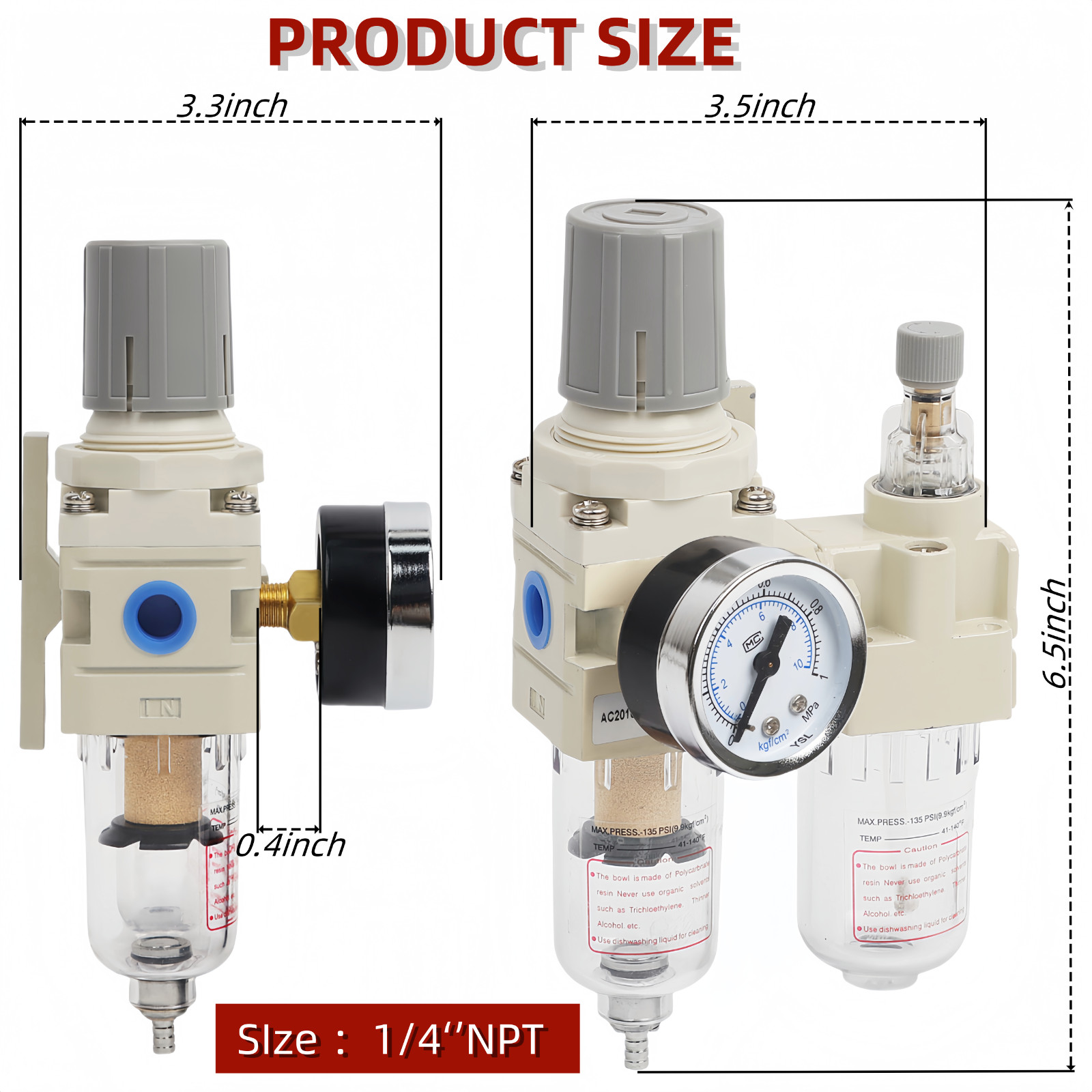 1/4″ NPT Compressed Air Filter Regulator Lubricator Water/Oil Trap Separator