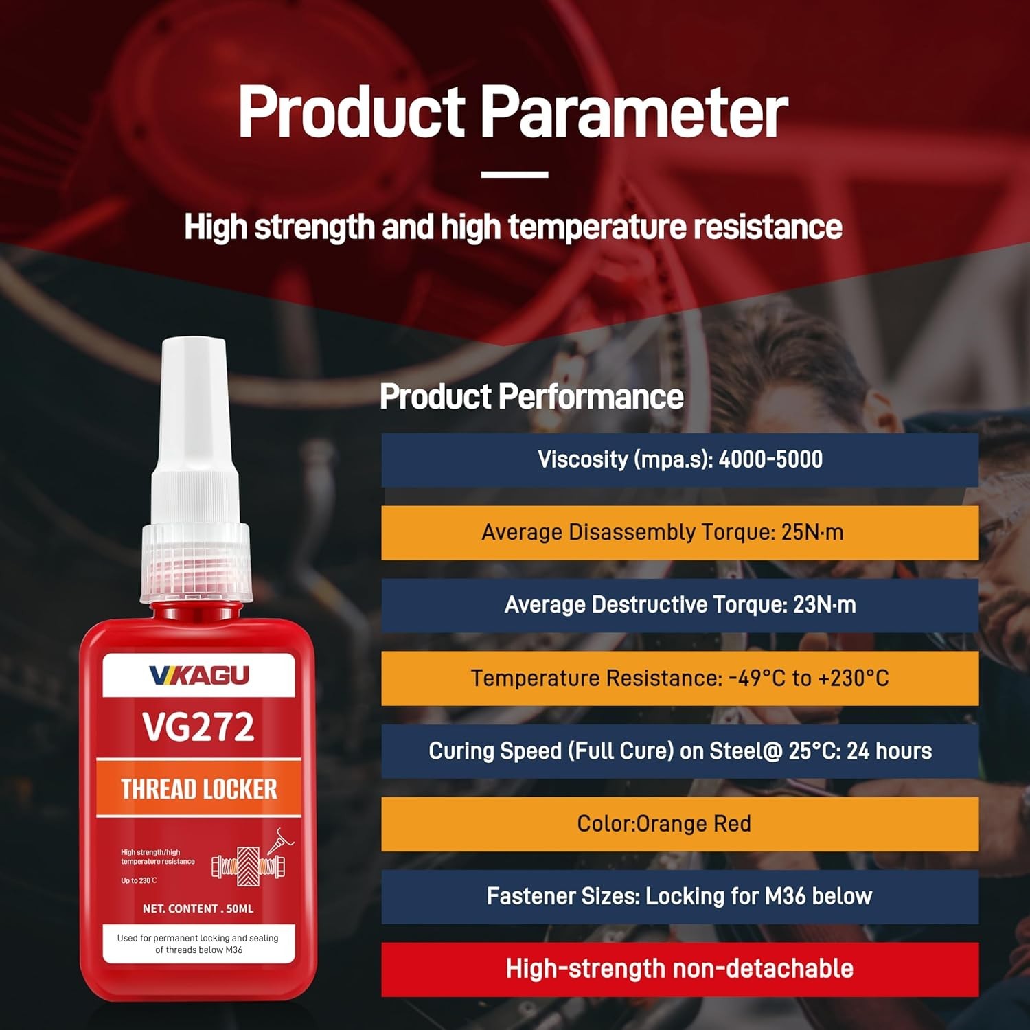 VIKAGU 272 Orange High Temp High Strength Threadlocker – Glue Resists 230°C Heat