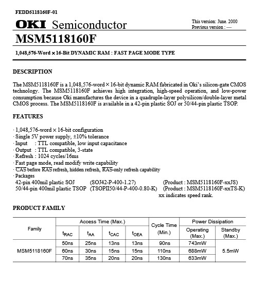QTY (10) MSM5118160F-60J OKI SOJ-42 1Mx16 FAST PAGE MODE DRAM M5118160FP-60J