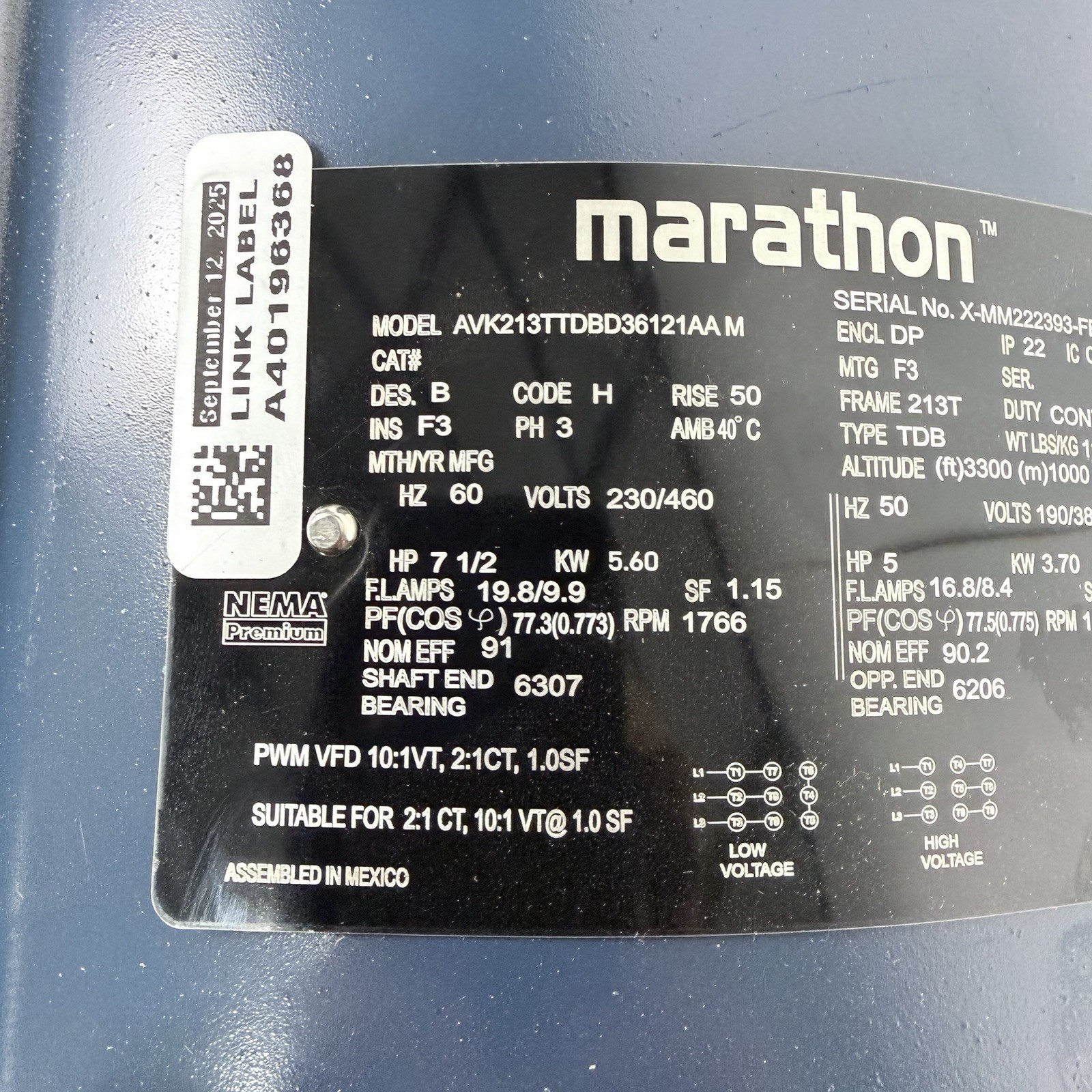 Carrier HD62FX654 Blower Motor OEM MARATHON 7.5HP 60HZ 230/460V
