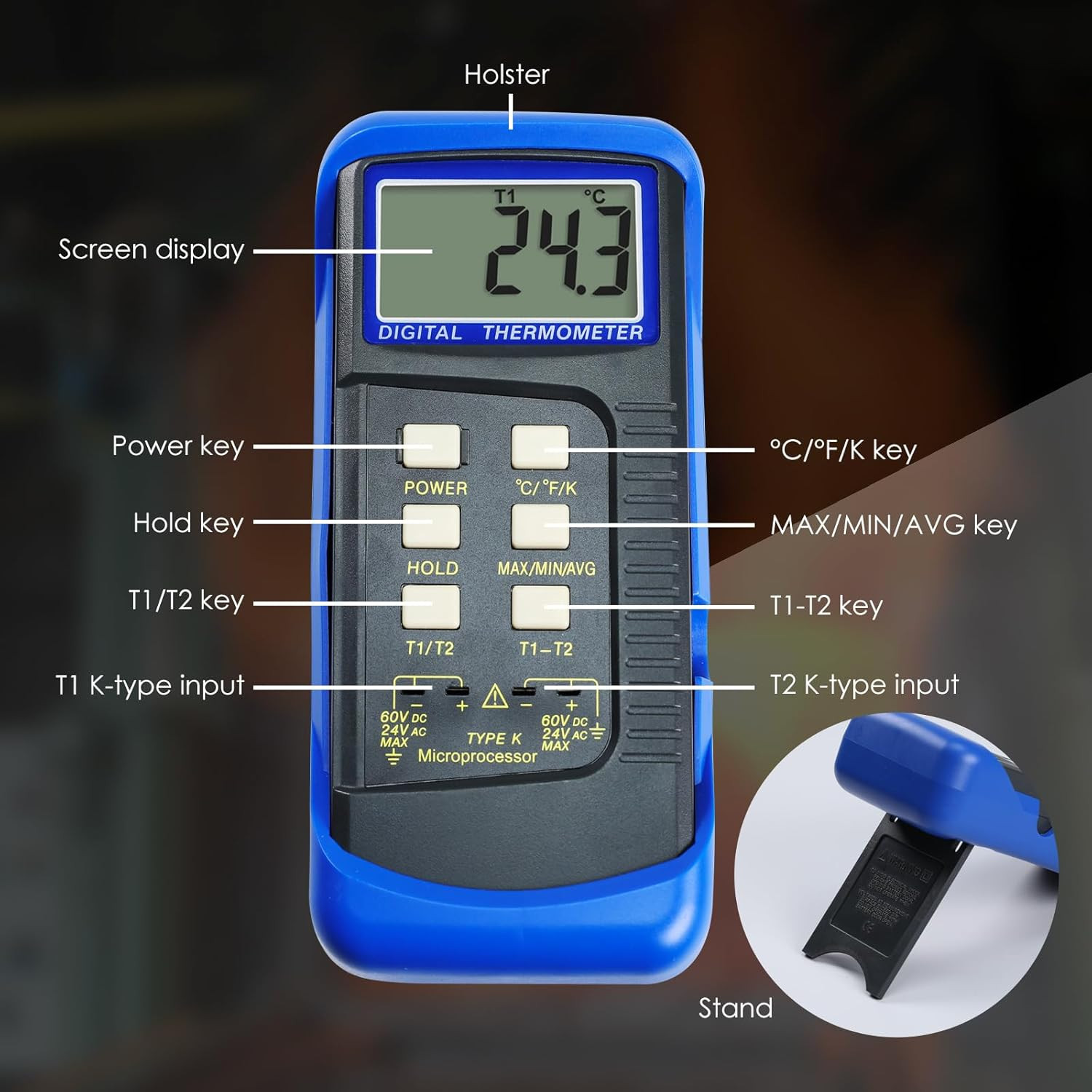 Digital K Type HVAC Thermometer with 4 Thermocouples, MAX/MIN/AVG Temperature Me