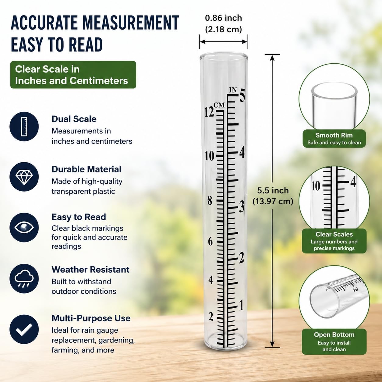 2pcs 5 Capacity Rain Gauge Glass Replacement Tube for Yard Garden Outdoor Hom…