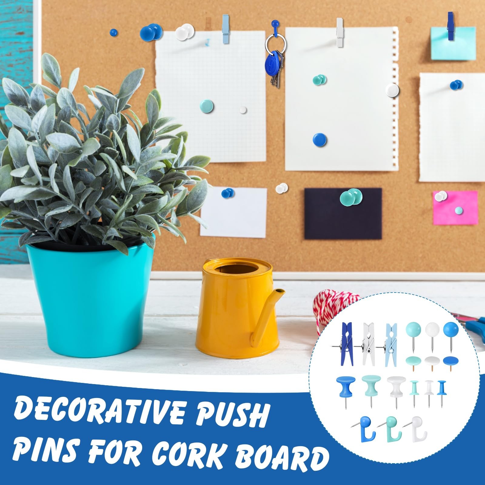 600 Pcs Decorative Push Pins, White Blue Thumb Tacks 6 Types Cute Push Pin Cl