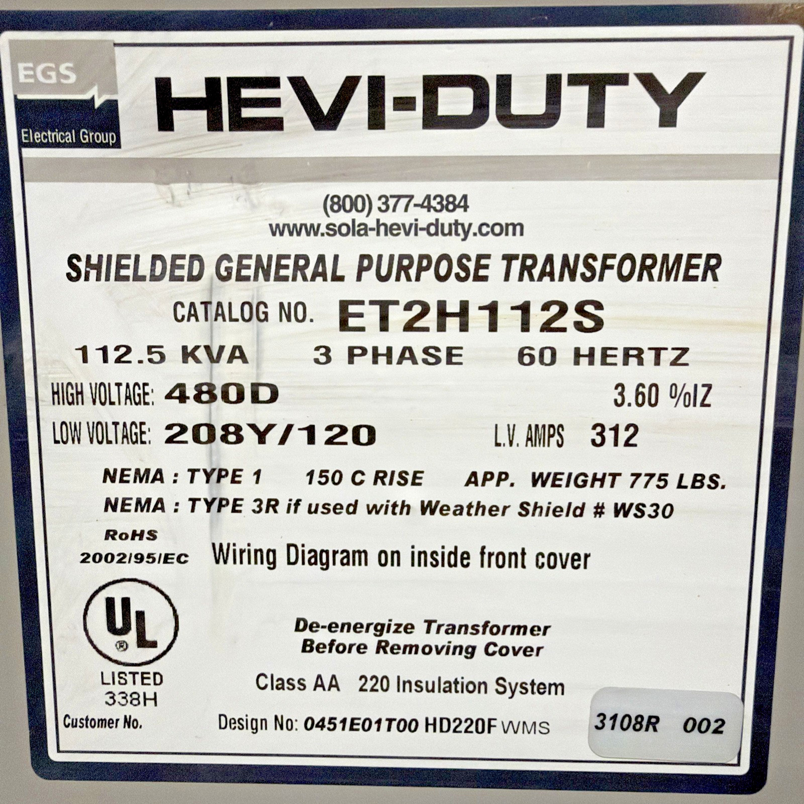 EGS 112.5kVA 480V Transformer 3PH 60HZ 208Y/120V Type 1 ET2H112S 🟦