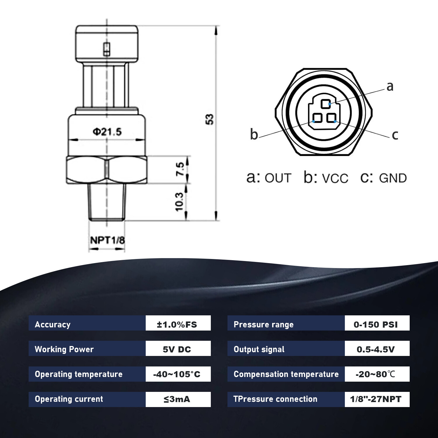 150PSI 1/8″NPT Thread Pressure Sender Transmitter for Oil Fuel Gas Water Air