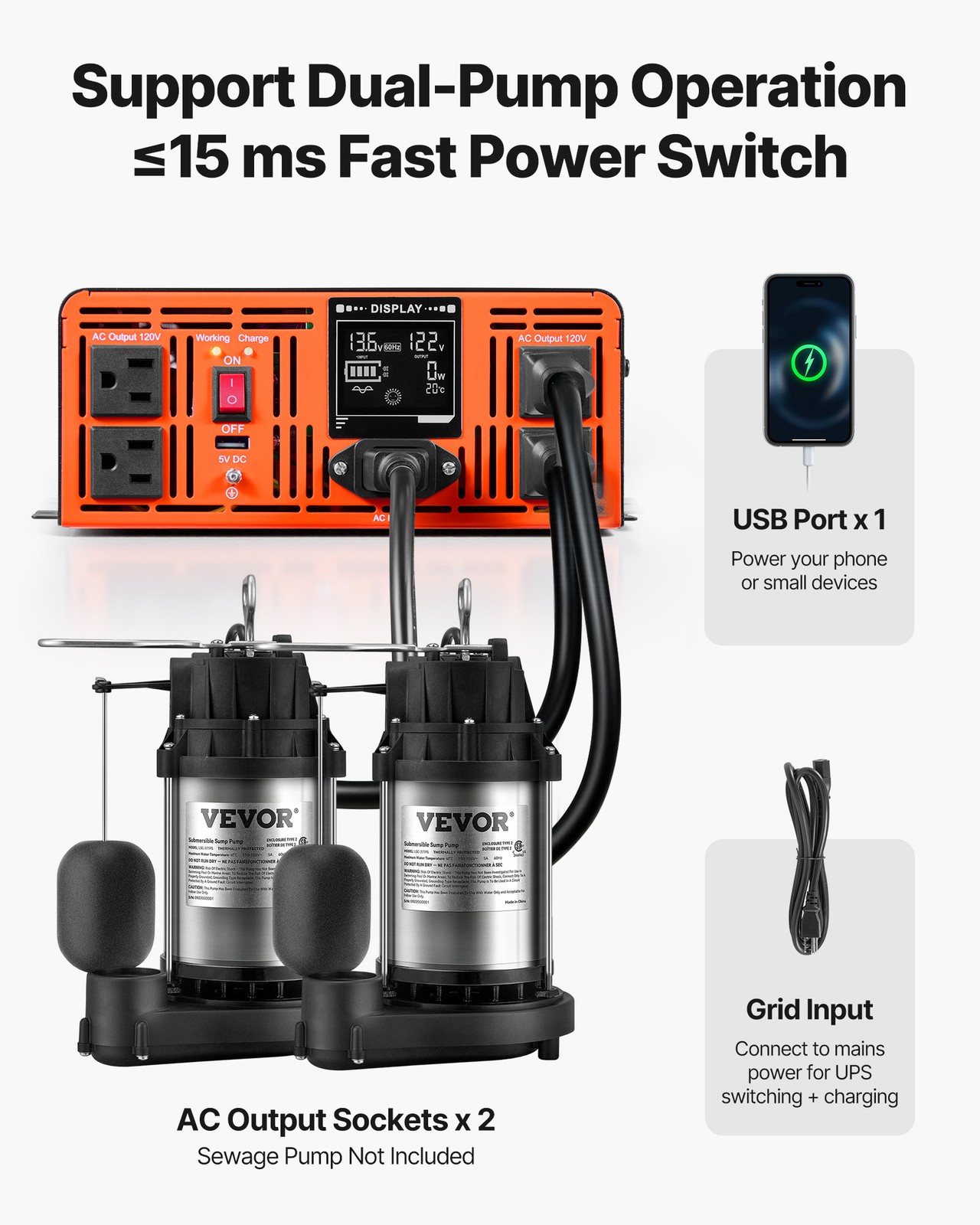 VEVOR 3000W Sump Pump Battery Backup System LCD Pure Sine Wave Power Inverter