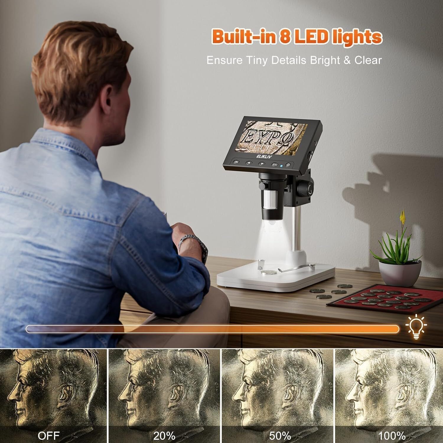 4.3-In Microscope LCD Digital Coin Microscope 1000x Coin Magnifier 8 LED Lights