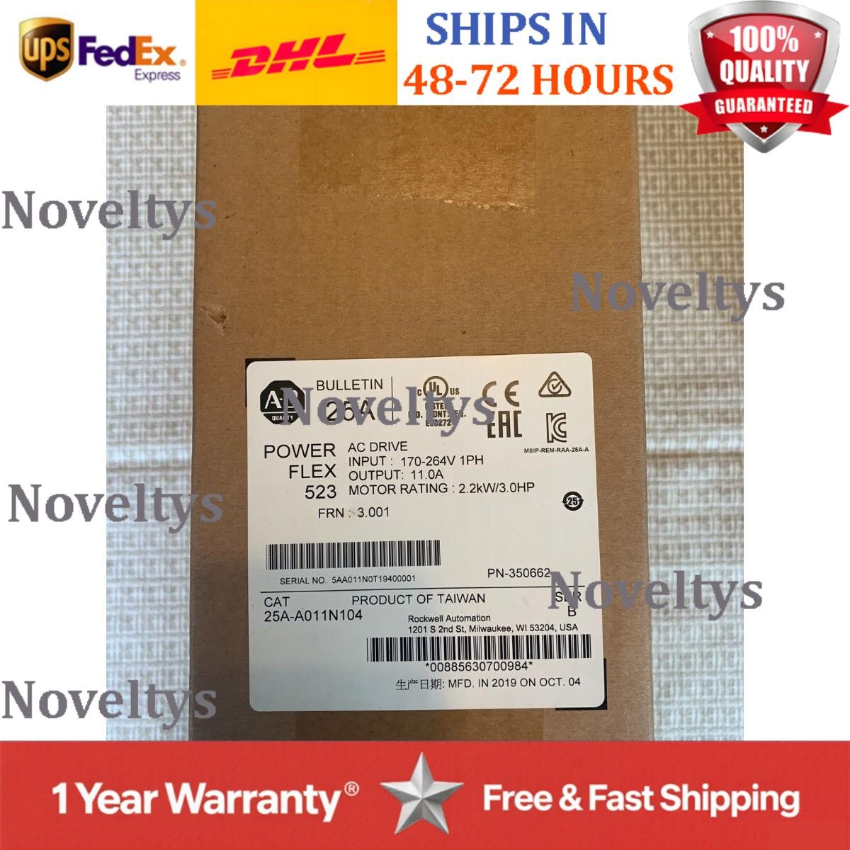 AB 25A-A011N104 Powerflex 523 AC Drive 2.2 kW 3 Hp Normal Duty 240 VAC 1 Phase