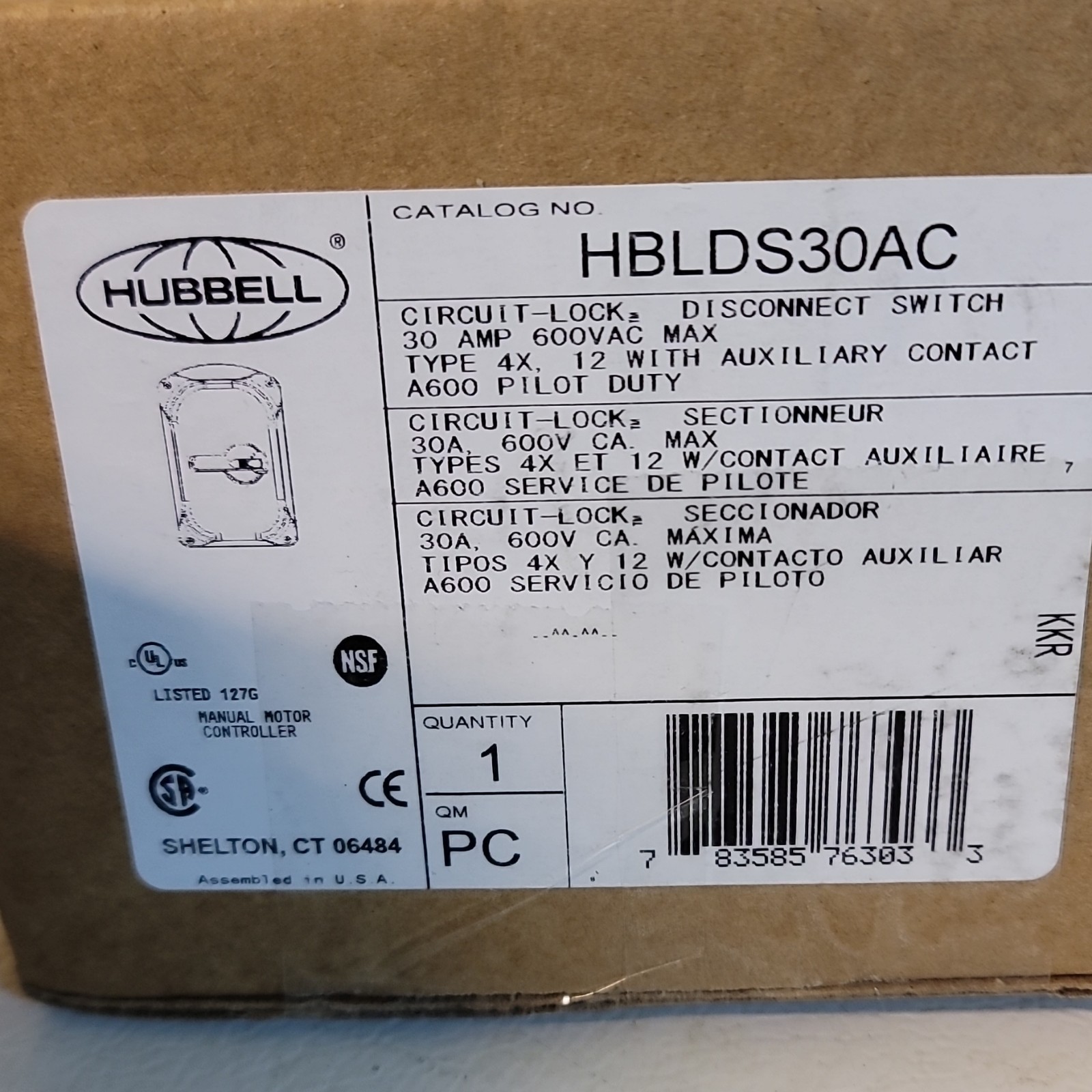 Hubbell HBLDS30AC Disconnect Switch 30A 600VAC IP69K Aux Contact