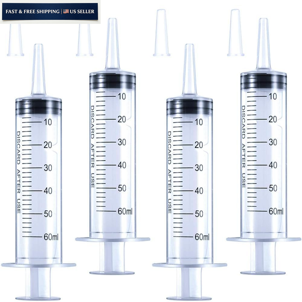 4 Pack 60mL Large Syringe for Liquid with Tip Cap, Plastic 60mL, transparent