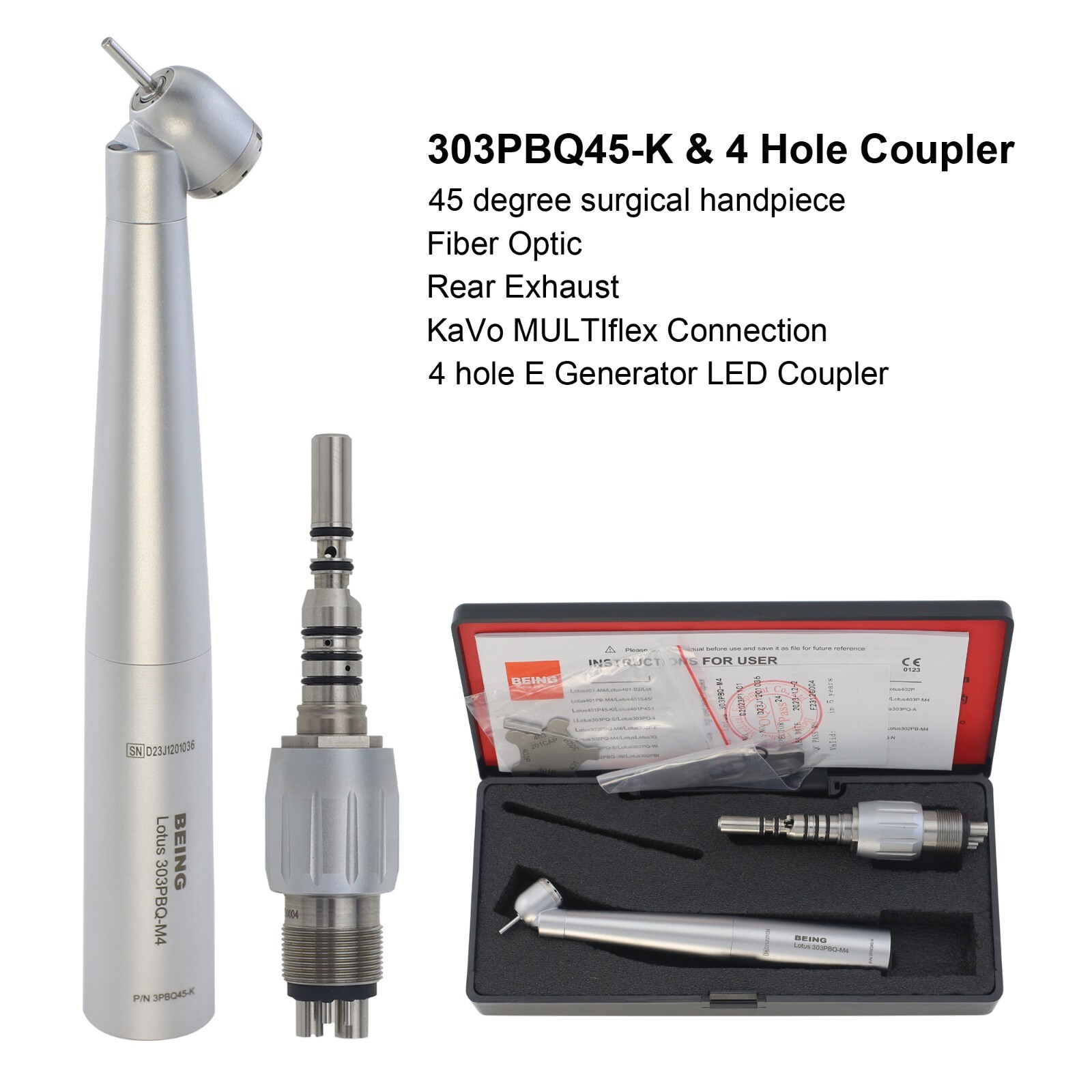 Dental 45 Degree Surgical High Speed Handpiece Fiber Optic KaVo NSK LED Coupler