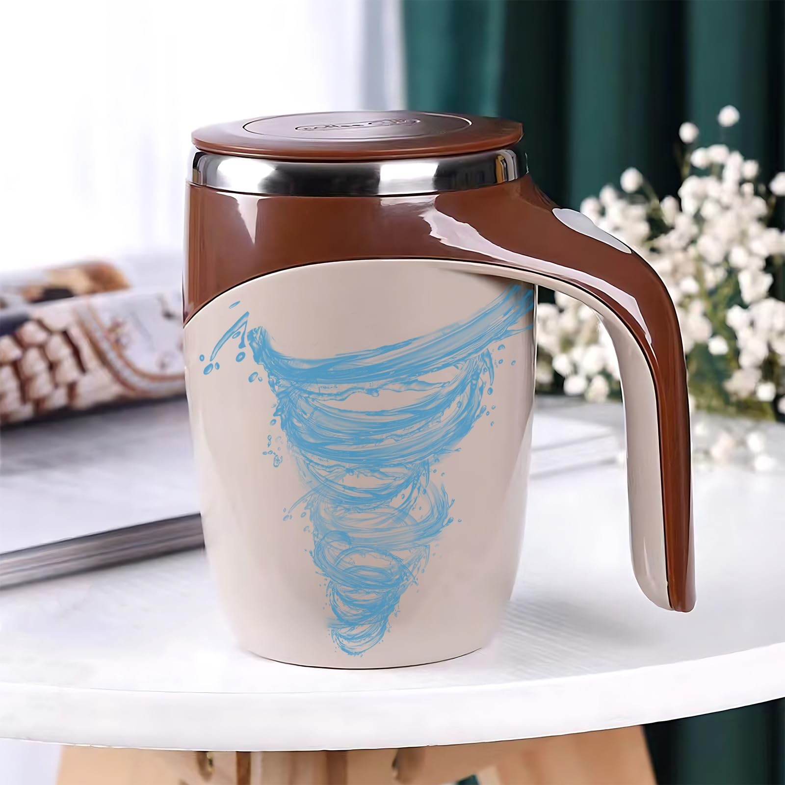 FOXNSK Automatic Magnetic Stirring Coffee Mug, 12.8 Ounces, F-battery Brown