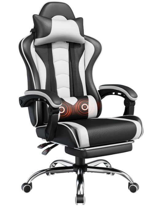 Silla gamer ergonómica con masaje lumbar, reposapiés y altura ajustable, Nuevo