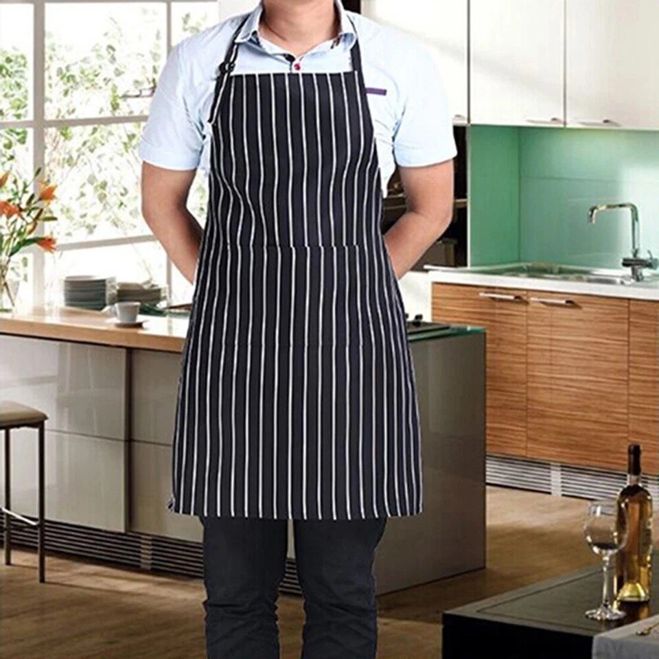 1Pc Adjustable Chef Apron with Two Pockets Striped Kitchen Bib for Men and Women
