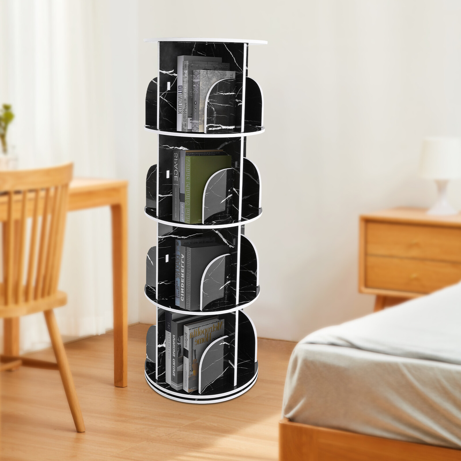 Rotating Display Bookshelf – Black Marble Revolving Storage Rack 4 Tier
