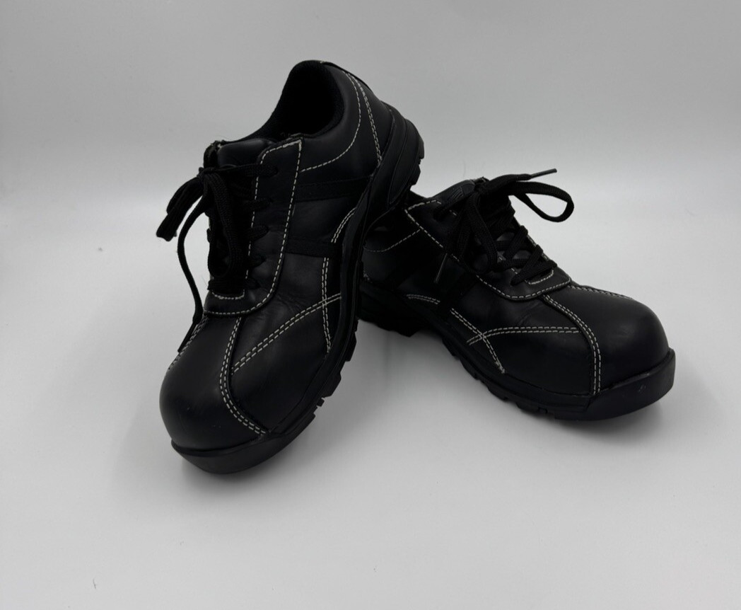 Avenger Safety Footwear Black White Stitch Leather Steel Toe Shoes Womens 7.5