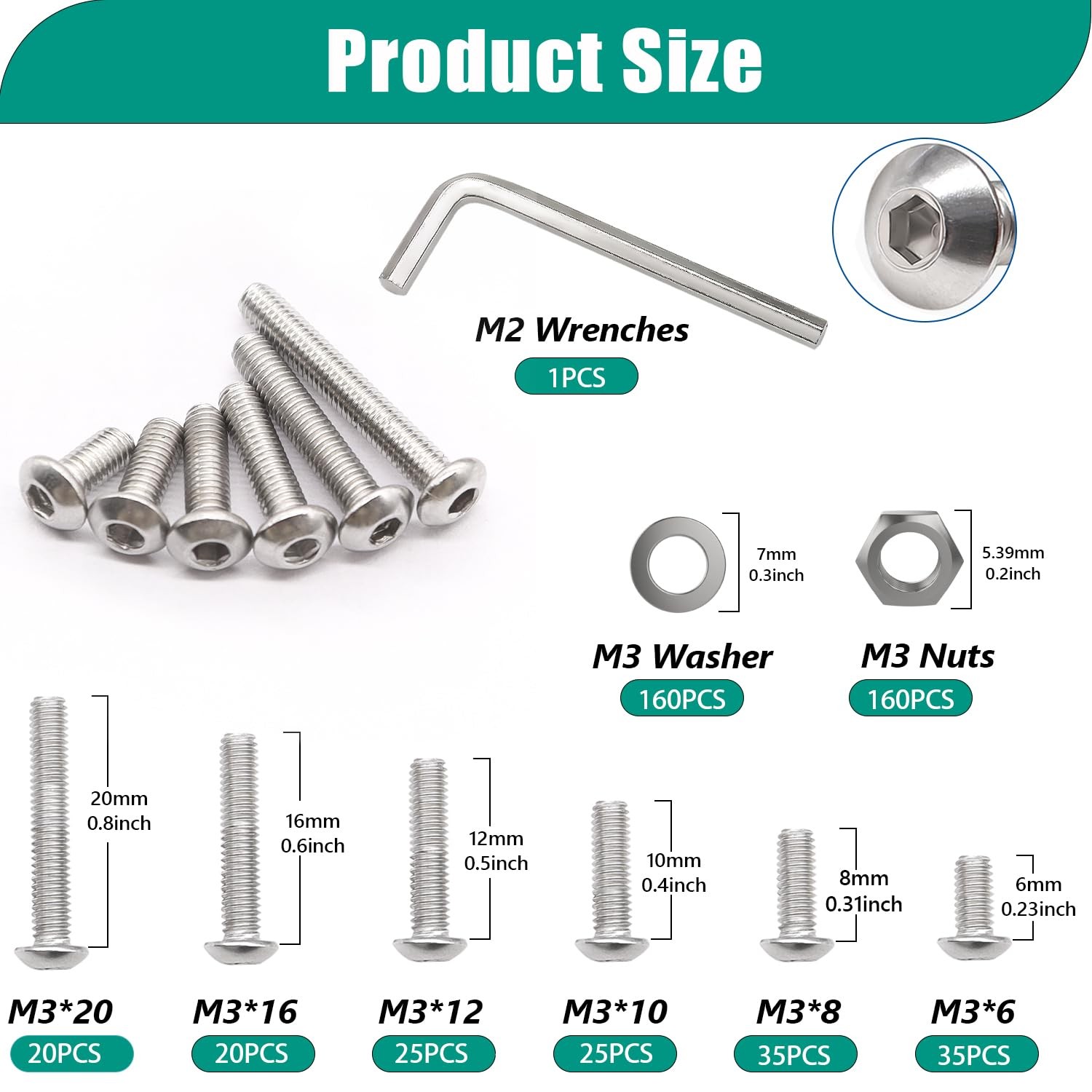 640PCS M3 Screws Kit M3 x 6mm/8mm/10mm/12mm/16mm/20mm 304 Stainless Steel Met…