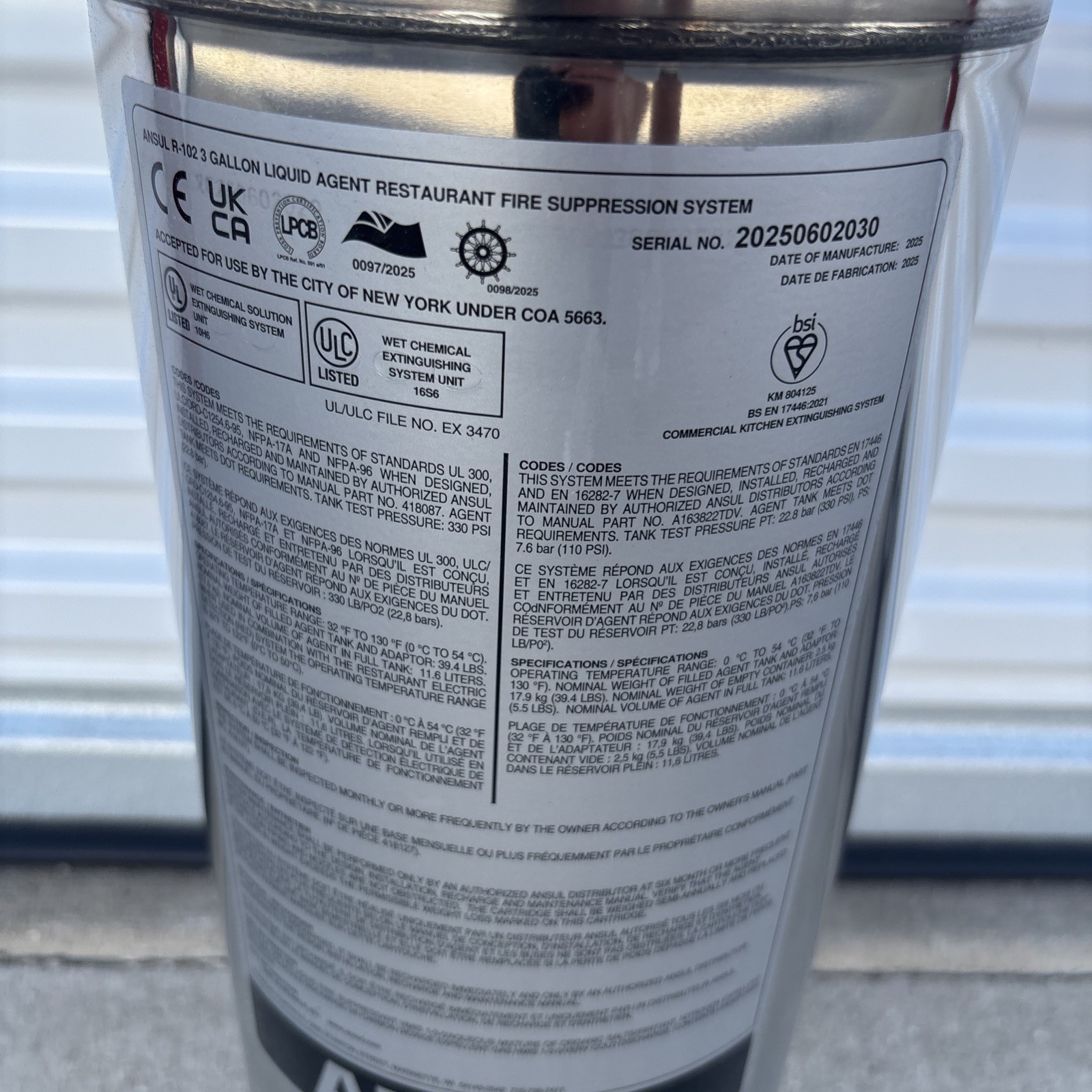 2025 3 Gallon Stainless Steel Tank Assembly for Ansul R-102 – (429862) New