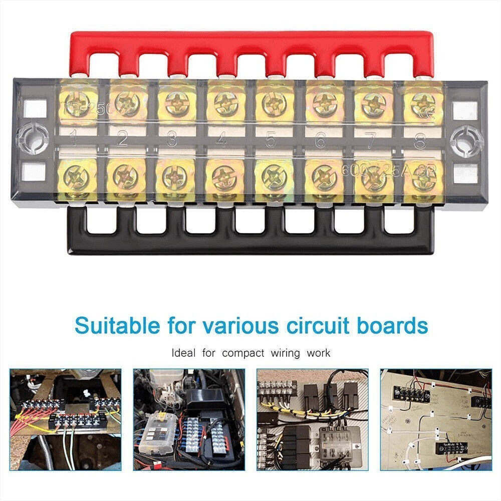 1 Set Dual Row 8-Position Screw Terminal Block Electrical Barrier Strip 600V 25A