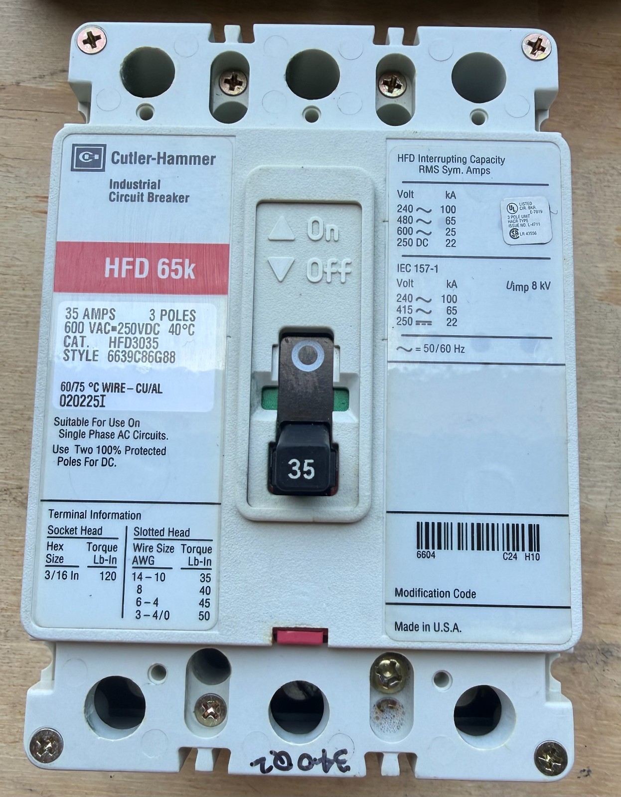 Eaton Cutler Hammer HFD3035 35Amp 600V 3 Pole HFD 65k Circuit Breaker