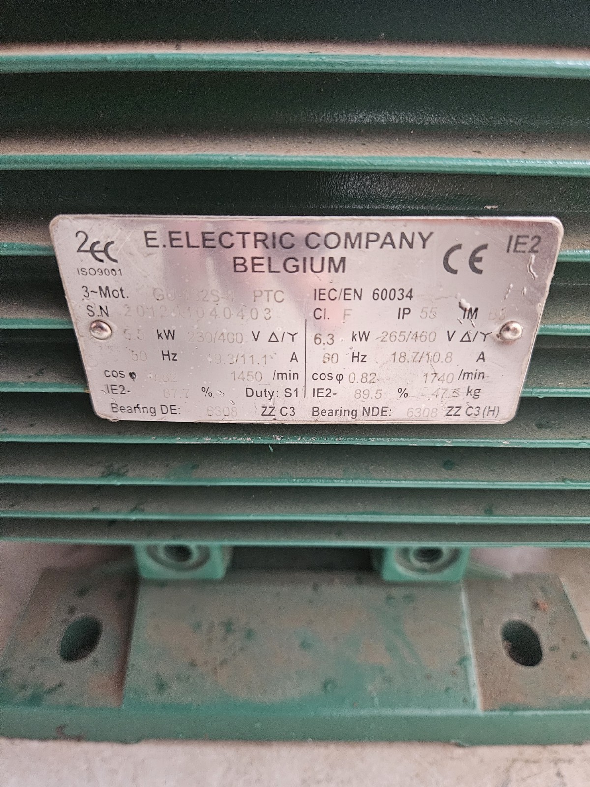 E.Electric Company 5.5/6.3kW Electric Motor 1450RPM 3~Mot GU-132S-4 PTC IE2 400V
