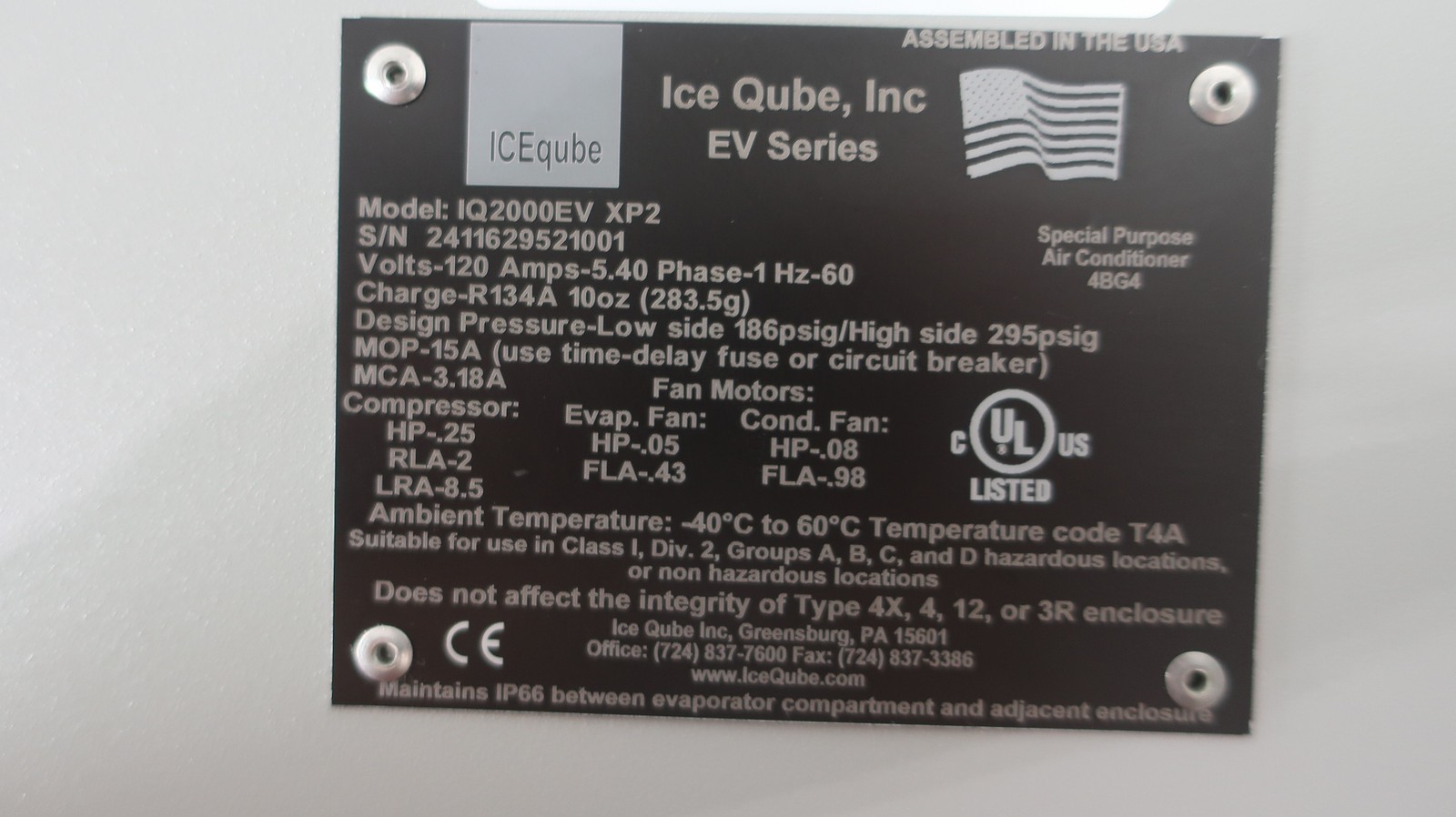 Ice Qube IQ2000EV-XP2 R134a 5.4a Amp Enclosure Air Conditioner 1/4kw 120v-ac