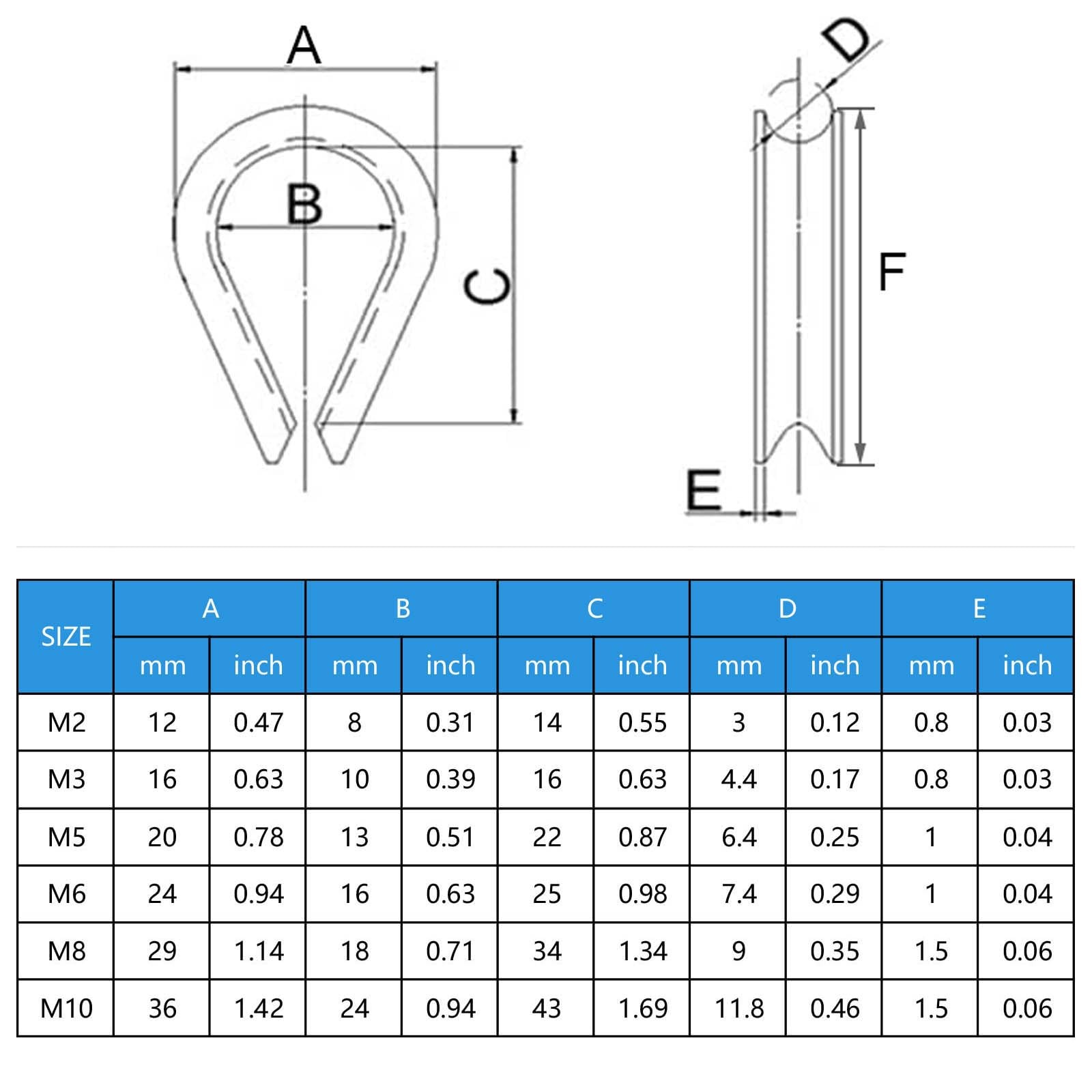 20 Pcs M5 3/16 Inch Stainless Steel Wire Rope Thimbles Cable Rigging Set