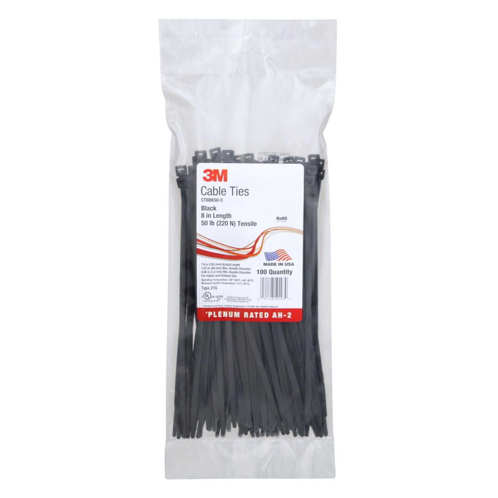 3M Cable Tie, Black, 50 lb Tensile Strength, 8″, Bag of 8″ BLACK 50 LB