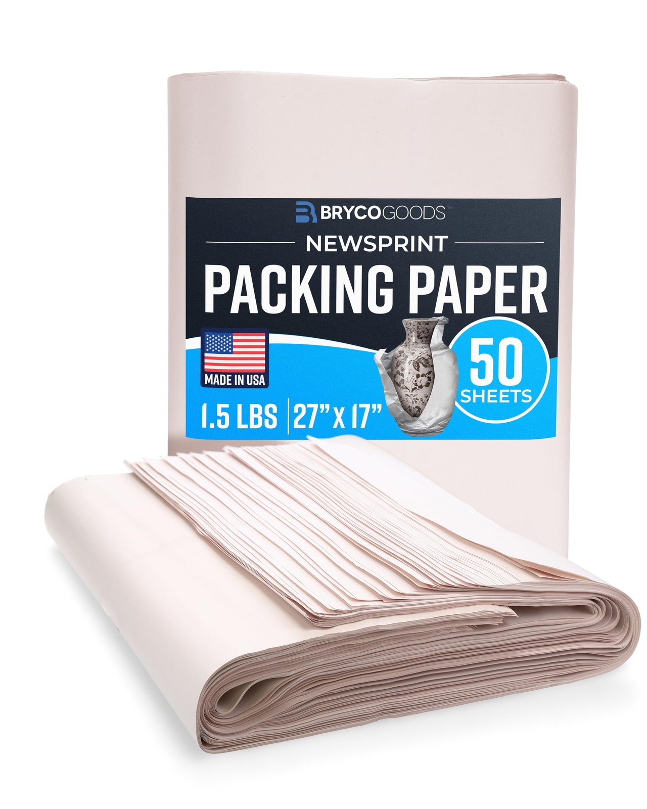 Bryco Goods Newsprint Packing Paper Sheets 27″ x 17″ (50 Sheets), gray-white