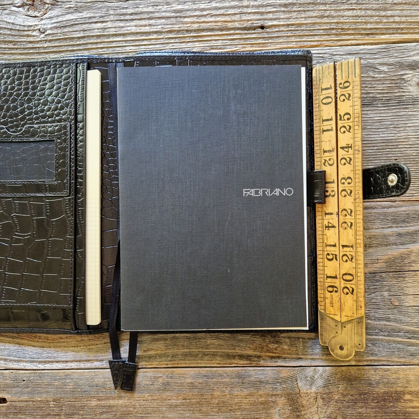 Fabriano A5 Black Crocodile-Embossed Leather Writing Case w/ 2 Notepads