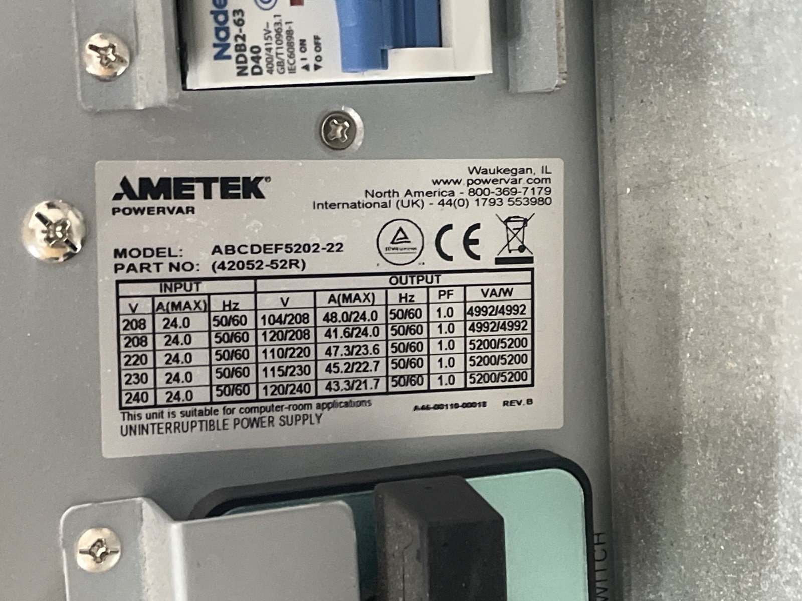 AMETEK Powervar Security Plus II 5.2kVA UPS – ABCDEF5202-22 Backup Power Supply